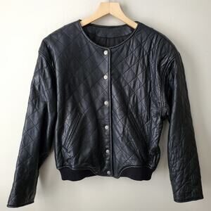 VTG 80s Express L Opera Women Black Quilted Leather Bomber Jacket S Thinsulate